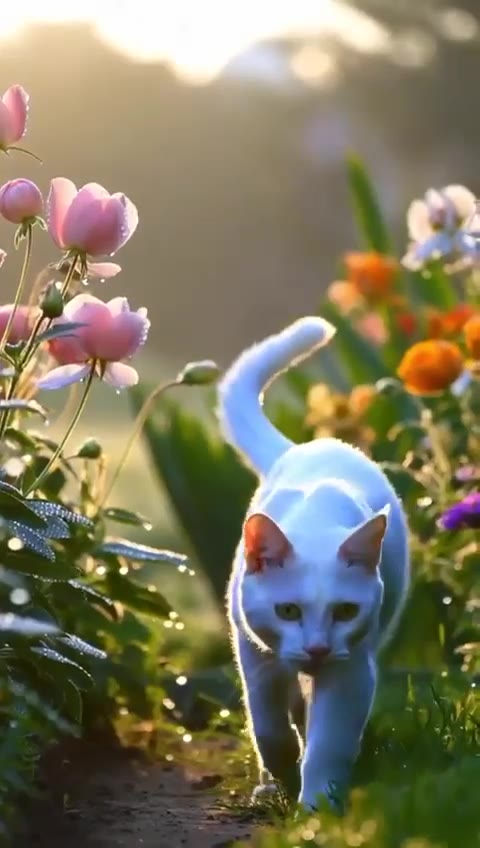 Un chat blanc traverse un jardin fleuri au petit matin — l'univers de la clinique Vetera.